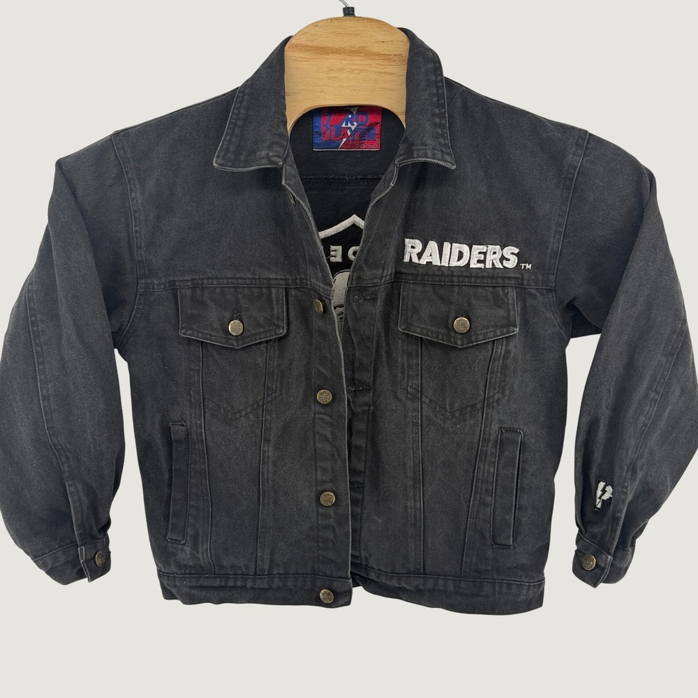 Vintage Pro Player LA Raiders Black Denim Trucker Jacket Youth Large Mens Small